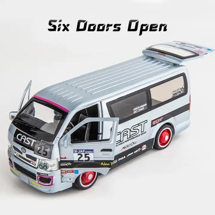 Image of 1:32 Scale Hiace Racing School Van Toy Car | Metal Pullback Diecast Car for Kids with Openable Doors, Sound, Light Effects Toy for Car Enthusiasts (Color As Per Available), White