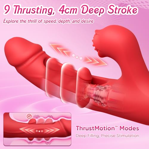 Image of Internal Thrusting Vibrator for Women, Rabbit G-Spot Dildo with Rose Clitoral Stimulator, 9 Vibration & Thrusting Modes, Realistic Silicone Adult Toy for Women & Couples