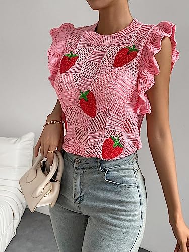 Milumia Women's Strawberry Sweater Vests Ruffle Trim Sweater Tank Top Crew Neck Knit Vest2