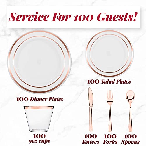 600 Piece Rose Gold Dinnerware Party Set (100 Guest), 100 Dinner Plastic Plates, 100 Salad Rose Gold Plates, 100 Rose Gold Plastic Silverware Set, 100 Rose Gold Plastic Cups, Disposable Party Pack #TOP1