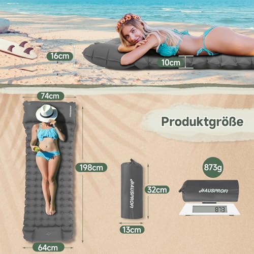 HAUSPROFI Isomatte Camping, 10cm Ultraleicht Camping Luftmatratze mit Fußpumpe & Kissen, Aufblasbare Matratze Kompakte und Leichte, Campingmatte für Wandern Strand Outdoor, Armeegrün, Grau 2