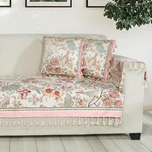 Image of ishro home Premium Sofa Cover 2 Seater Protecter with 2 Handle Covers - Soft European Standard Fabric, Frill Design, Machine Washable | (Gul-o-Parinday, 2 Seater, Seat Cover)