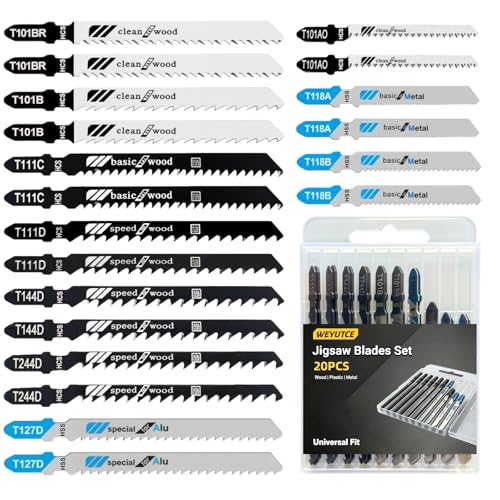 20 Piece Jigsaw Blades Set Assorted T-Shank Jig Saw Blades for Wood Plastic & Metal Cutting(T118A T118B T101AO T101B T101BR T144D T111C T111D T244D T127D)