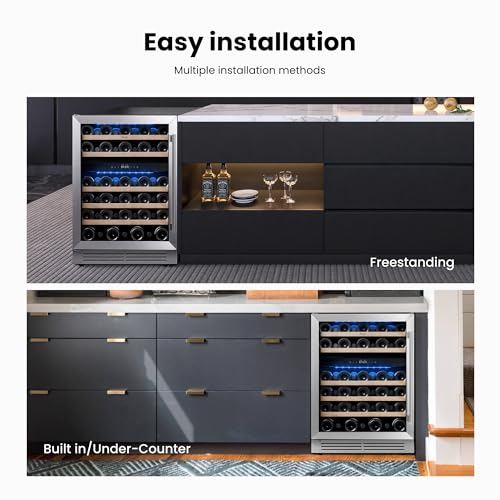Image of Yeego 24 Inch Wine Fridge, 52 Bottle Dual Zone Wine Cooler with Left Hinged | Built-In or Freestanding, Under Counter Wine Refrigerator with Glass Door, 40-65F | For Home Bar, Kitchen