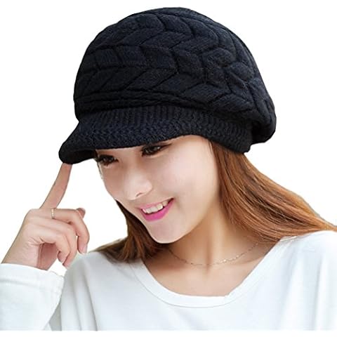 HINDAWI Women Winter Warm Knit Hat Wool Snow Caps with Visor, Black Cover