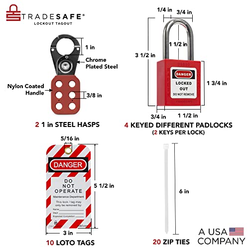 Tradesafe Professional Lockout Tagout Kit - Loto Locks, Gate Valve Lock, Ball Valve Lockout, Circuit Breaker Locks, Hasps, Plug Lock, Cable Lockout, Tag Out Tags And Ties Set (2 Keys Per Lock) #TOP2
