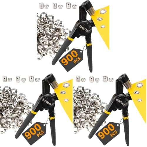 zonglan Heavy Duty Grommet Tool Kit of 1/2" 5/16" and 3/8",Multi Size Handheld Eyelet Tool Plier Rivet Press with 900 pcs Silver Grommets for Tarp Leather Fabric (Pack of 3)