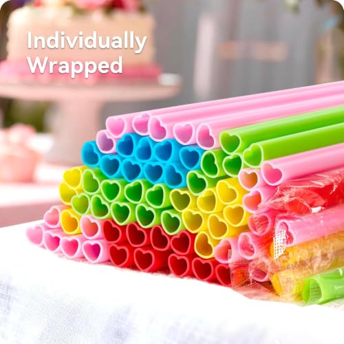 Image of 50pcs Heart Shaped Disposable Individually Wrapped Drinking Straws