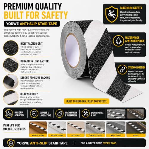 Image of YORWE Anti Slip Stair Tape with Glow in the Dark Strip - Heavy Duty Waterproof Non Slip Traction Tape for Stairs, Steps, Outdoor & Indoor Safety (Black and White, 5 Meter)