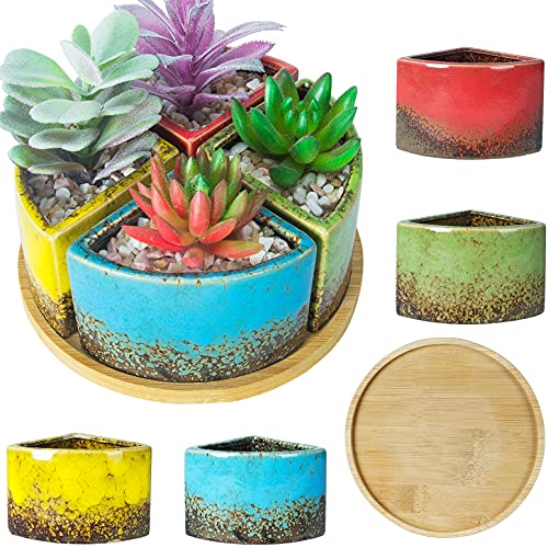 Succulent Pots with Drainage, 3" Flower Pots Small Succulent Planter, Succulent Plant Pots with Bamboo Tray Saucer Cactus Planters, Planting Pots for Indoor Plants Garden Decor Office Home Pack of 4
