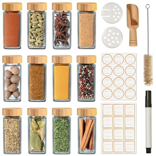 Praknu 12Pcs Glass Spice Jars with Label - Square Spice Containers 4 oz - Includes Cleaning Brush & Wooden Spoon - Seasoning Jars