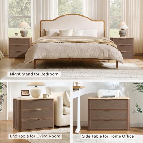 Image of Night Stand, 30.71 inch W Rattan Nightstand with 3 Drawers, Faux Marble Top Bedside Table, Boho Mid Century End Table for Bedroom Living Room Sofa Office, Dark Oak [FSC Certified]