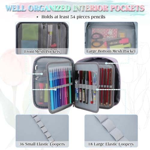 Image of VX VONXURY Large Pencil Case, 54-Slot Colored Pen Pouch 2 Removable Sleeves | Cute Zipper Pencil Bag Organizer, Top Handle, Front Zip Pocket, Durable Fabric for Art Supplies Markers School Travel College