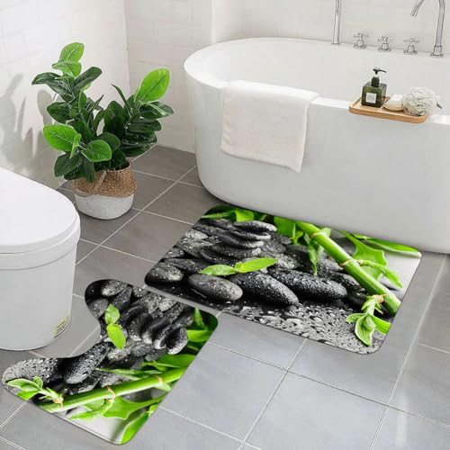 EYLOZS Lot de 2 Tapis de Bain et Tapis de Toilette antidérapants Super absorbants - Lavable en Machine - pour Salle de Bain - Pierres Zen Noires et Plante...