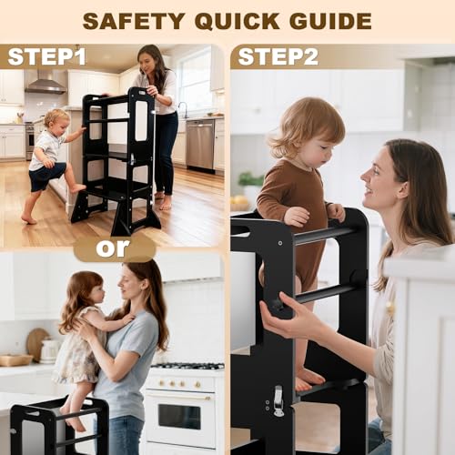 Image of Woodure 4-in-1 Toddler Kitchen Step Stool, Learning Standing Tower with Whiteboard, Wooden Kitchen Stool Helper for Kids, 1-3 Year Old Boy Girl Gifts-Black