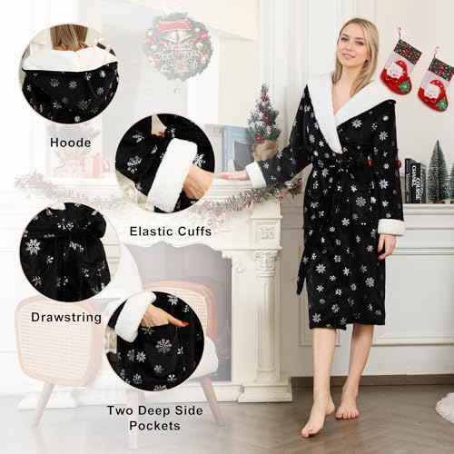 LYCY Womens Flannel Hooded Robe,Soft Fluffy Bathrobe for Women Winter Printed Warm Loungewear3