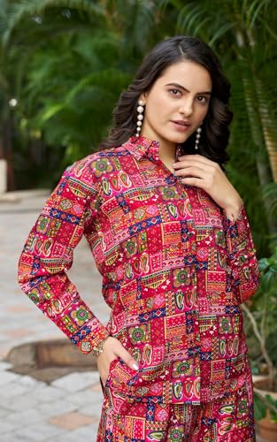Image of KESUDI Women's Printed Co-ord Set | Multicolour Ethnic Pattern Co-ord Set | Long Sleeve Shirt with Wide-Leg Trousers Co-ord Set