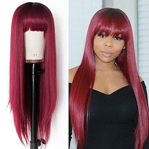 BLISSHAIR Echthaar Perücke mit Pony, Ombre 99J Straight Human Hair Wigs with Bangs Rotwein Echthaarperücken für Damen Brasilianisches Virgin Remy Haar 150% Dichte Gerade Wig(18",45cm) Cover