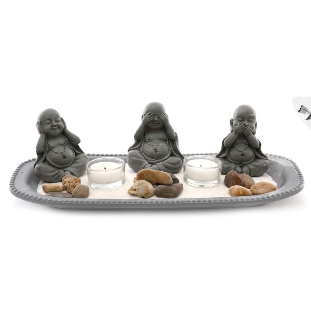 SiL Interiors Triple Buddha Figures Zen Garden Tea Light Candle Holder Display
