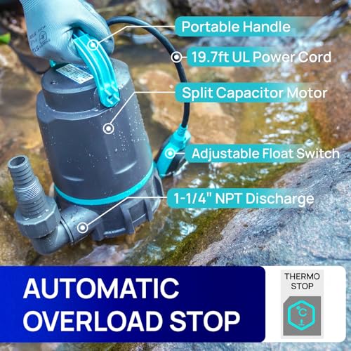 Image of Aquastrong 1 /2 HP Utility Pump 3159 GPH Submersible Water Pump with Float Switch, Draining Flooded Basement, Pool, Hot Tub, Pond, Garden Irrigation, 10ft Cord