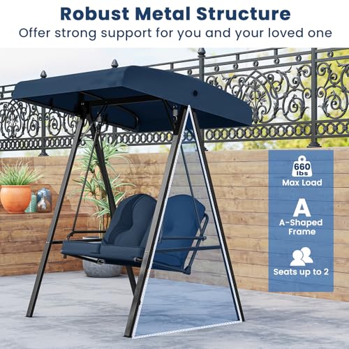 Image of Tangkula 2 Person Porch Swing, Patio Swing with Adjustable Canopy, Heavy-Duty Metal Frame & Soft Cushion, Outdoor Swing for Backyard, Garden (Navy)