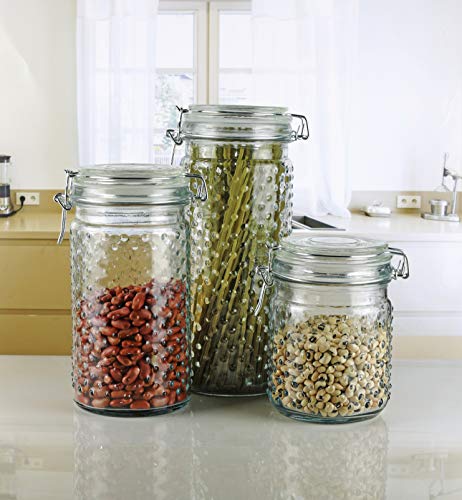 Circleware Vintage Home Glass Canisters with Swing Top Hermetic Airtight Locking Lids 3-Piece Set Kitchen Food Preserving Containers for Coffee Sugar Cereal 22 oz 34 oz 44 oz Hobnail