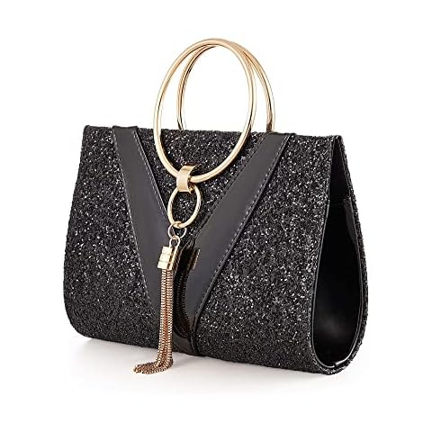 JURLEA Women Clutch Evening Bags with Chain Handle Handbag Ladies Crystal Diamante Clutch for Wedding and Party Sparkly Silver Evening Bridal Prom Party Handbag Purse (Black) Cover