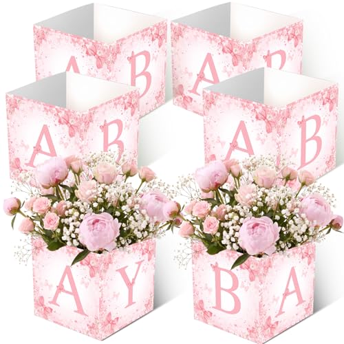 Image of Bucherry 6 Pcs Baby Shower Centerpiece Boxes with 'baby' Letters Flower Boxes Tables Decoration for Girl Baby Shower, Birthday, Gender Reveal Party Favors(Pink,Pink Bow)