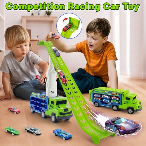 Image of Carrier Truck Toy for 3-5 Year Old Boy, 27 In Race Track, 6 Metal Cars
