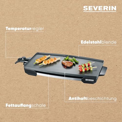 SEVERIN Tischgrill für Fleisch, Fisch und Gemüse, XXL Teppan Yaki Platte mit Antihaftbeschichtung, Elektrogrill mit Fettauffangschale und Temperaturregler, schwarz, KG 2397