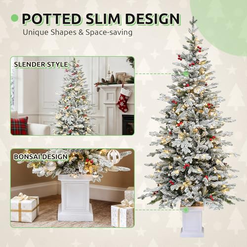 GOOBED 6ft Potted Pre-Lit Flocked Arctic Fir Pencil Christmas Tree with 520 PE & PVC Branch Tips, 150 LED Lights, 15 Artificial Berries, Slim Potted Christmas Tree for Home, Porch, or Living Room