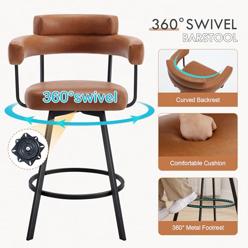 Butacos giratorios de altura para barra, juego de 4 unidades, asiento de cuero sintético, patas metálicas, color marrón miniatura 4