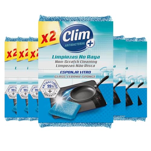 Clim Antibacterial Esponja para Limpiar Vitrocerámicas y Superficies Delicadas | Limpia sin rayar. Caja con 16 Esponjas en Paquetes de 2 Unidades | Cristal, Teflón, Cerámica y más.