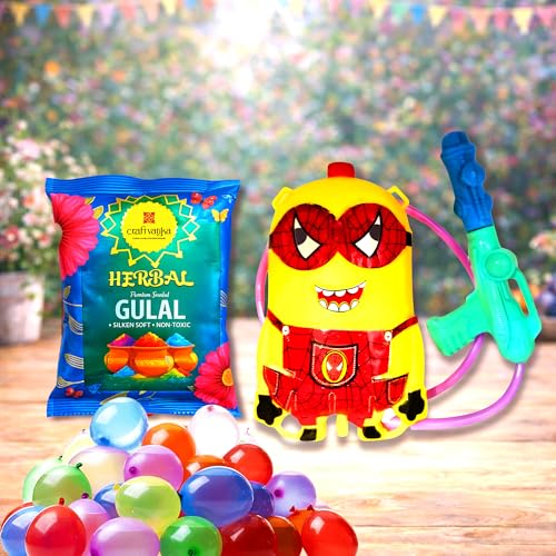 Image of CraftVatika Holi Gulal Pichkari Water Tank 1 in 1 Combo and 100 Water Balloons with Gulal Pouch Combo Pack, Water Balloons with Gulal Holi Colours Set Gift Combo