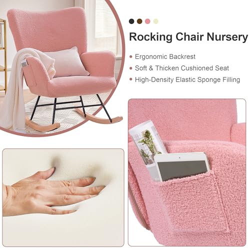 VECELO Rocking Chair Nursery Teddy Upholstered Glider Rocker with High Backrest, Padded Seat, Side Pocket, for LivingRoom, Bedroom, Baby Room