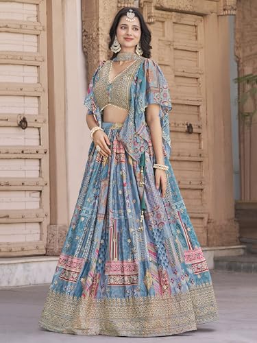 Image of AG Clothing Women's Digital Print With Zari Dori Embroidery Work Chinnon Silk Lehenga Choli With Dupatta (Women-Lehenga-Choli-New; Free size)