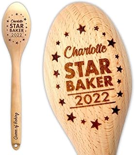Star Baker Personalised Wooden Spoon Baking Gift, Prize or Bake Off Winners Trophy 2021, 2022. Custom Engrave Any Name or Message on Handle, 12 inches with Hole for Hanging