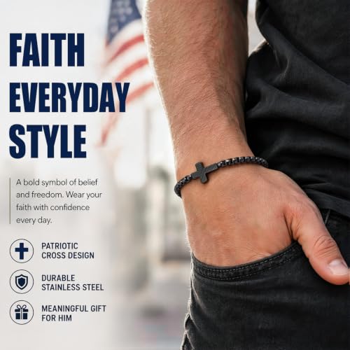 American Flag Cross Bracelet for Men with JOSHUA 1:9 Card, Christian Gift - image 2
