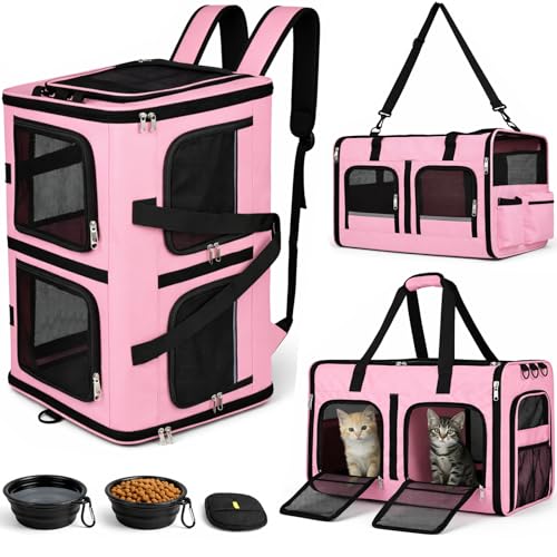 Extra Large 3-in-1 Cat Carrier for 2 Cats with Removable Divider Superior Ventilation Portable Soft Sided Double Cat Carrier Large Hair Removal Glove 2*Bowl Extra Side Storage Bag Included
