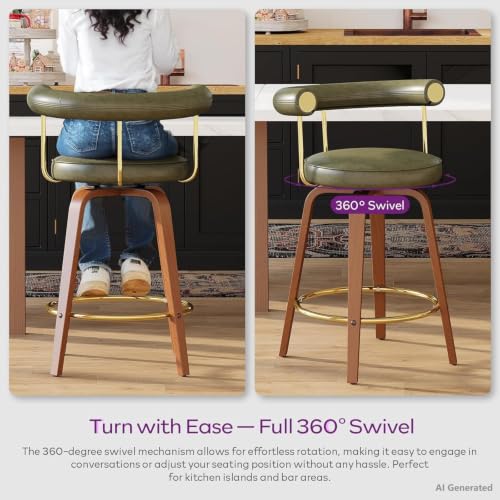 Image of Swivel Bar Stools Set of 2, 26 inch Counter Height Bar Chair, Barstools (Green) | TYBOATLE, Mid-Century Modern, Faux Leather, Bent Wooden Legs, Golden Footrests, Island, Kitchen