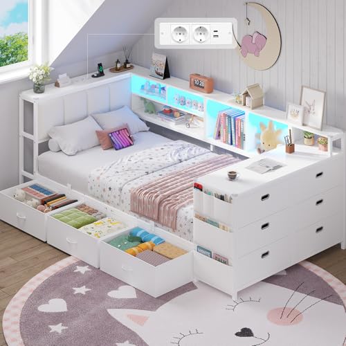 Brinlawb Lit Banquette 90x200 cm Canapé Lit avec 1 Table et 1 Commode à 6 Tiroirs, Lit Enfant avec Éclairage LED et Multiprise (2 Prises AC, 2 Ports USB)...