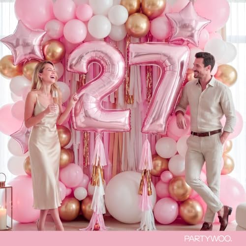 Image of PartyWoo Baby Pink Number 7 Balloon 40 Inch 25pcs Pink Foil Star White Gold