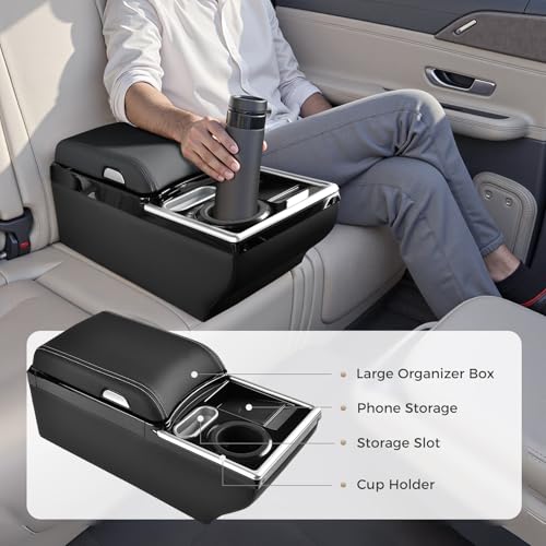 Image of Coverado Center Console, Universal Bench Seat Center Console, Truck Back Seat Car Organizer with Cup Holder, Rear Central Car Armrest Box with Storage, Black