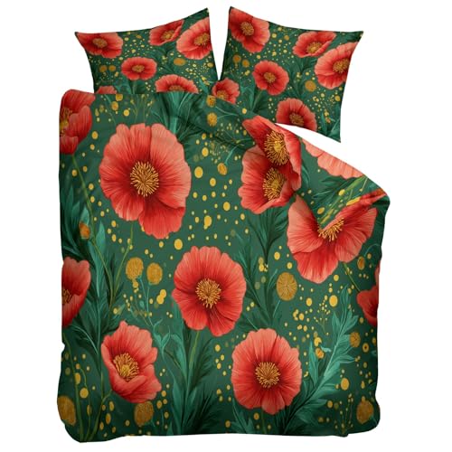 Housse de Couette Imprimé Fleurs Parure Réversible Rouge Vert 90x190 - 8
