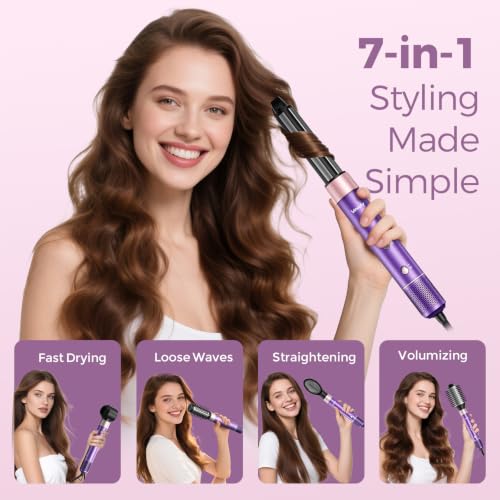 Image of Vincofy 7‑in‑1 Hot Air Brush Set, Interchangeable Hair Styling Tools for Home Use, Purple