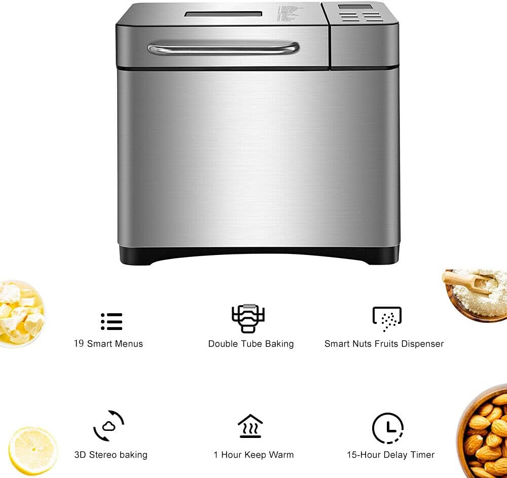 Macchina per il pane in acciaio inox, 650 W, antiaderente, 650 W, 19 programmi multiuso, per pane per la casa Macchina per il pane in acciaio inox, 650 W, antiaderente, 650 W, 19 programmi multiuso, per pane per la casa