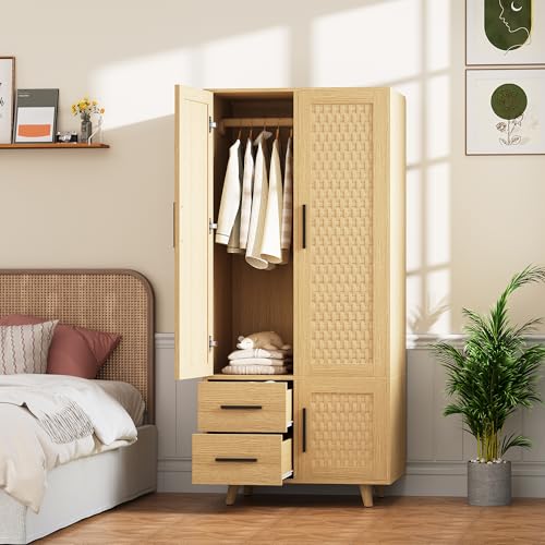NMCXO Armoire Chambre en Rotin 2 Portes avec Penderie et 2 Tiroirs, Armoire Dressing avec Barre de Suspension, Armoire à Vêtements Style Moderne pour...