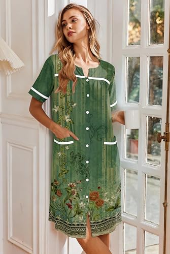 Image of Ekouaer Nightgowns for Women House Dress with Pockets Button Down Sleepshirt Short Sleeve Nightshirt Housecoat