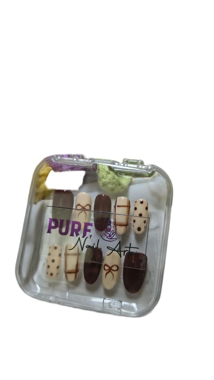 Press on Nails for Women, ABS Plastic, Brown Polka Dot Artificial Fake Nail Set, Glossy Full Cover, 10 Pieces-image-36