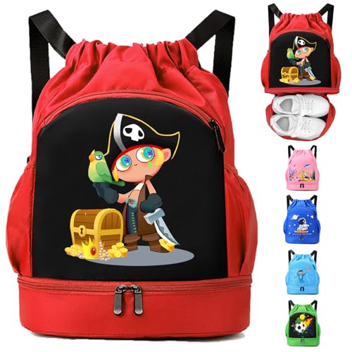 AUNGKWANG Niños Mochila de Fitness, Deportiva Impermeable Bolsa de Playa, Bolsa para Viajes de Gimnasio, Adecuado Chico Chica Bolsas Deport, Mochila Con Cordón Piratas, Rojo